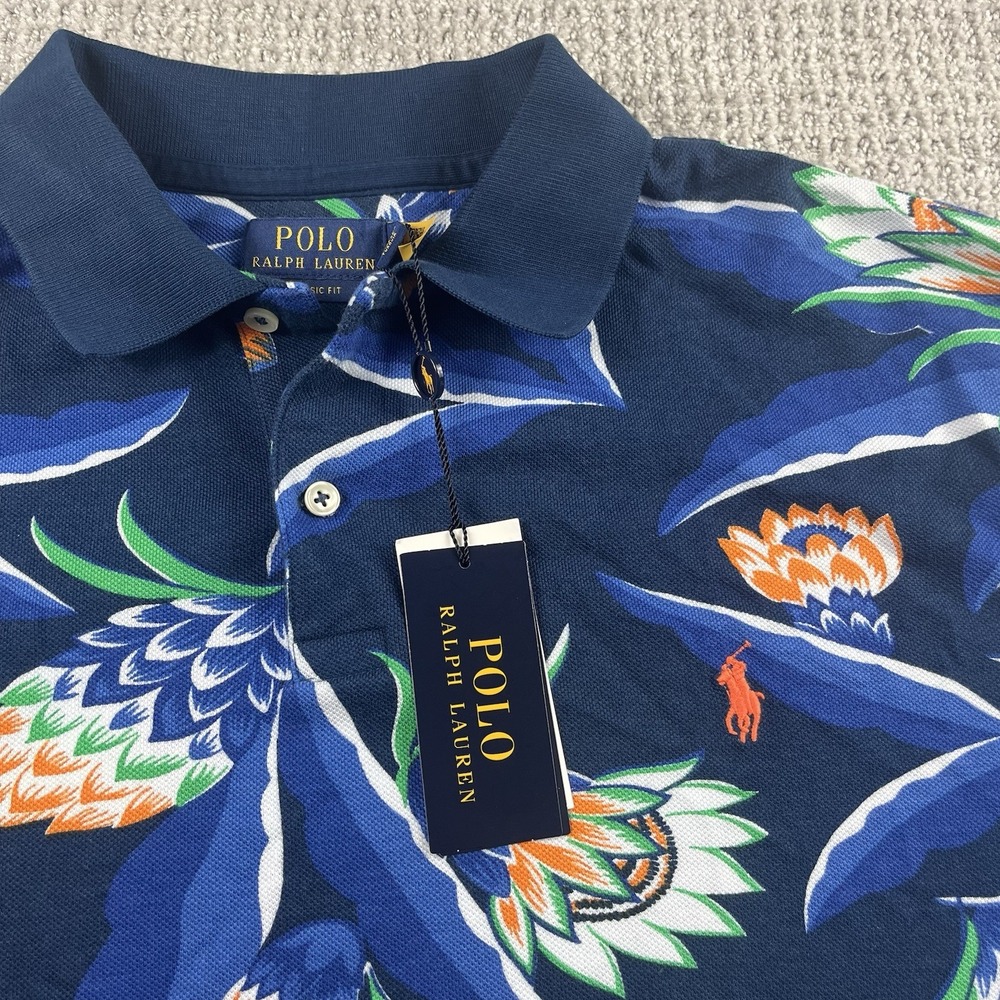 Polo Ralph Lauren Classic Fit Polo Shirt Mens XL Navy Floral Graphic NEW - Picture 2 of 10